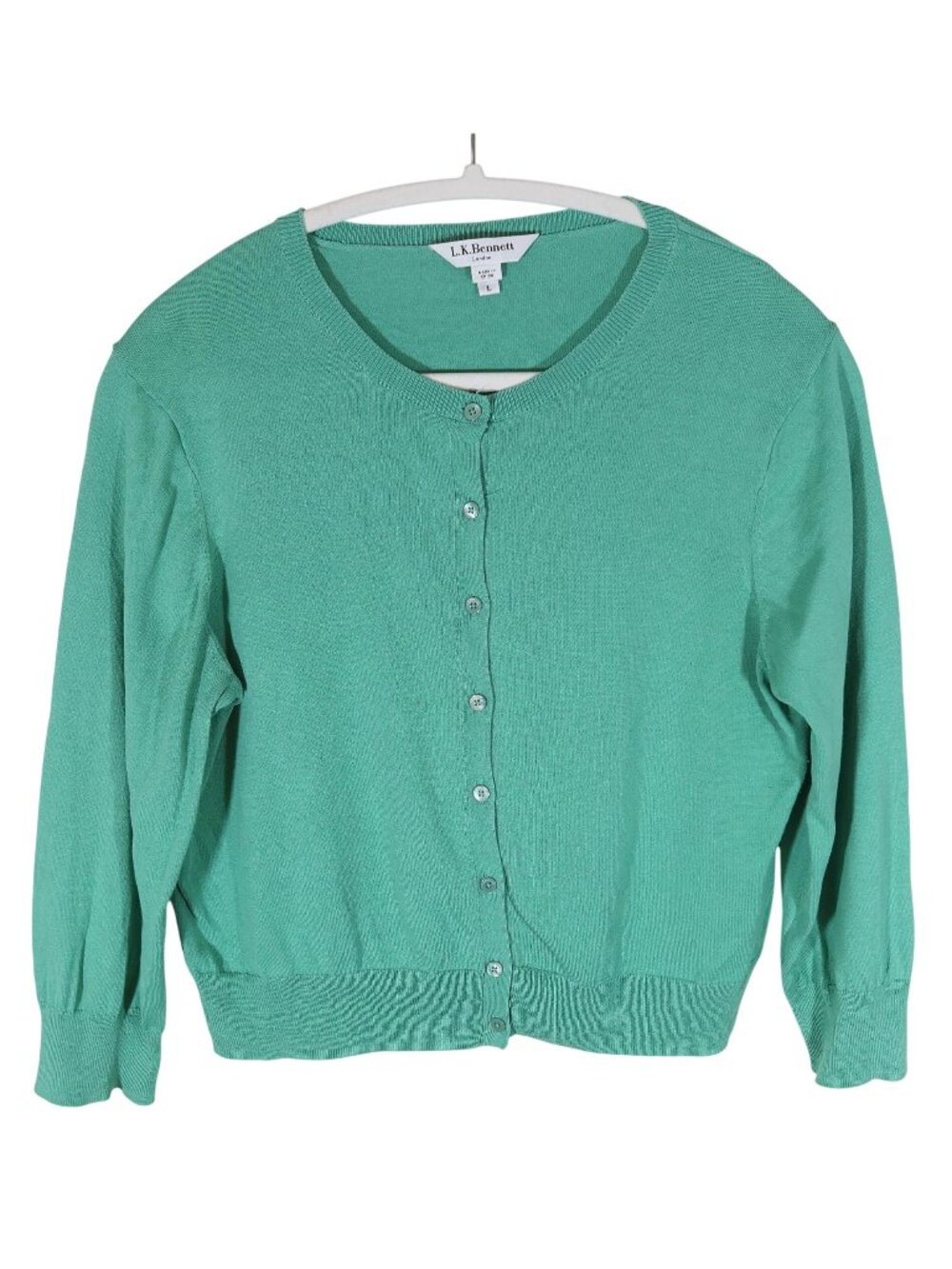 LK BENNETT London Green Cropped Lightweight Cardigan Size L Preppy Silk Blend